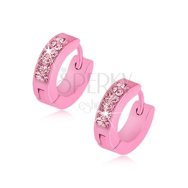 Shiny earrings made of steel in intense pink colour, pink zircons