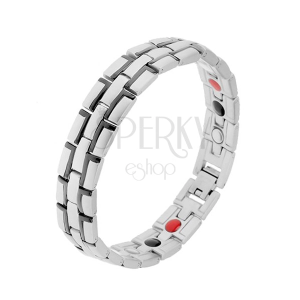 Steel bracelet with magnets, silver colour, black "L" lines