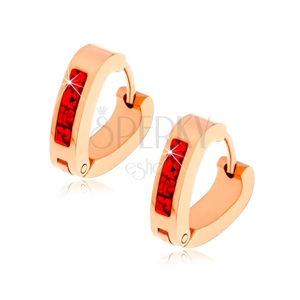 Steel earrings in gold colour, ruby red zircon stripe