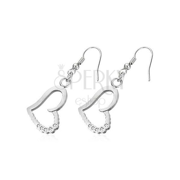 Steel earrings in silver colour, diagonal heart with clear zircons