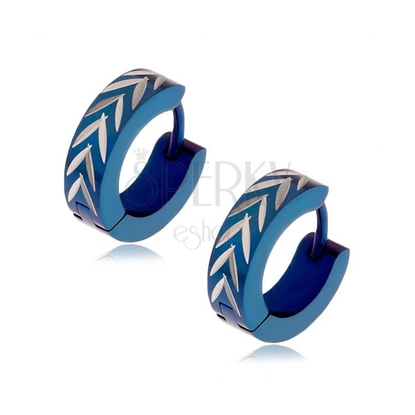 Dark blue earrings made of steel, notches in silver colour - reversed "V"