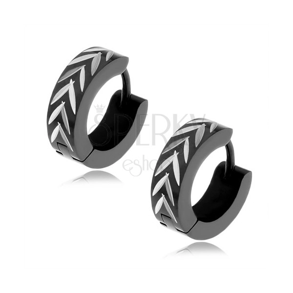 Steel earrings in black colour, pattern of reversed "V" in silver shade
