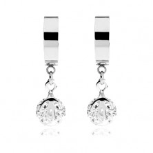 Glossy steel earrings in silver colour, dangling clear zircon