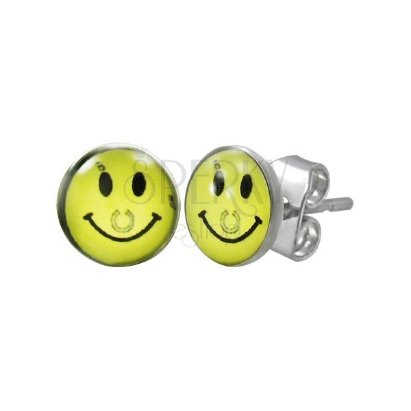 Steel earrings - yellow smiley with horseshoe, studs