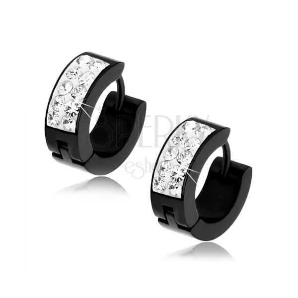 Black steel earrings, white strip with embedded clear rhinestones