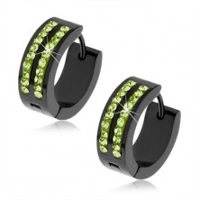 Black round earrings made of steel, two lines of light green stones