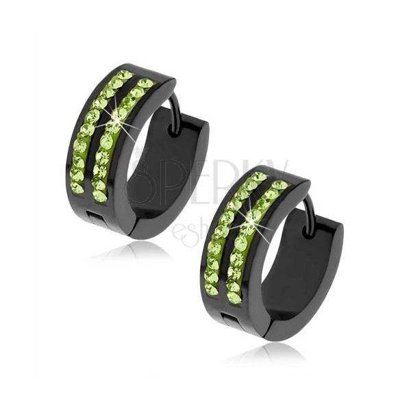 Black round earrings made of steel, two lines of light green stones