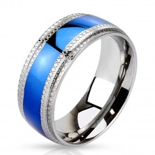 Steel ring - blue strip in the center, notched edges