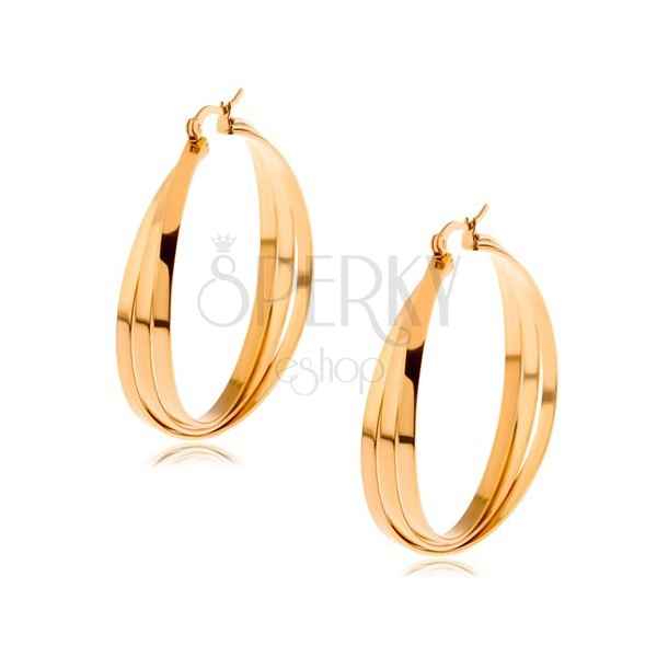 Hoop earrings made of stainless steel in gold colour, three crossed lines