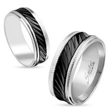 Steel band ring in silver colour, black stripe with diagonal notches, knurls, 6 mm