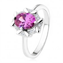 Engagement ring made of 925 silver, oval violet stone, zircon bordering