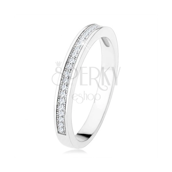 Band ring made of silver 925, horizontal line of clear zircons, engraved balls