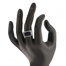 Ring made of 925 silver, smooth and shiny surface, rectangle with black glaze