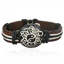 Dark brown leather bracelet - Yin Yang flower