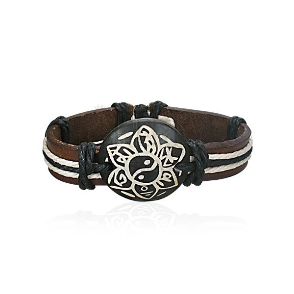 Dark brown leather bracelet - Yin Yang flower