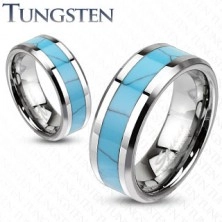 Tungsten ring, turquoise stripe with marble pattern, bevelled edges