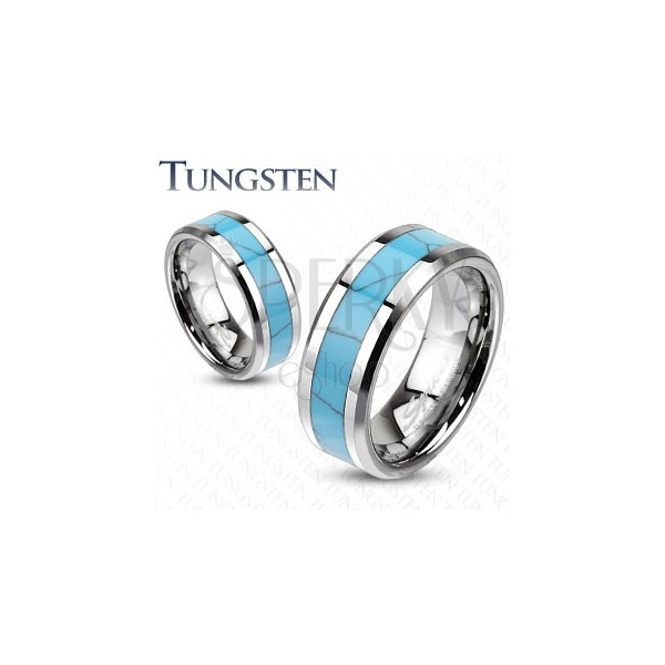 Tungsten ring, turquoise stripe with marble pattern, bevelled edges