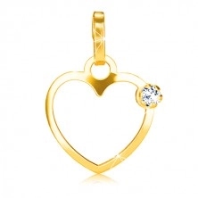 Pendant made of yellow gold 375, slim contour of symmetrical heart, zircon