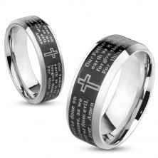 Steel band ring in silver colour, black stripe - Lord's prayer, 8 mm