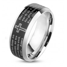 Steel band ring in silver colour, black stripe - Lord's prayer, 8 mm