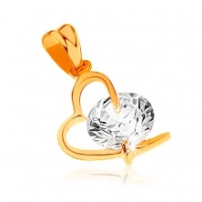 Pendant in yellow 9K gold - contour of asymmetrical heart, large clear zircon