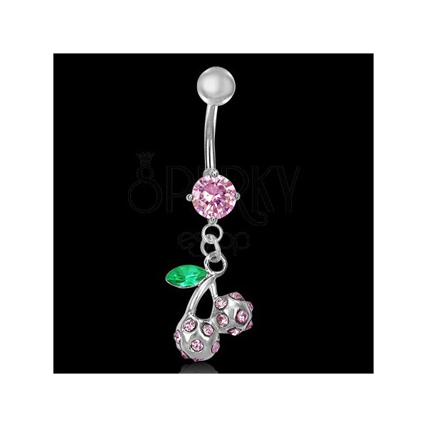 Belly button ring - pink cherries with leaf