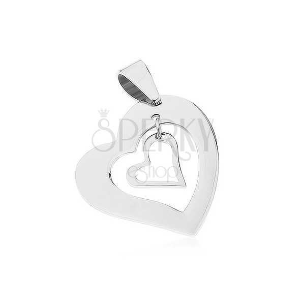 Steel pendant, two contours of asymmetrical hearts, silver colour