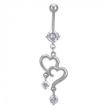 Double heart belly ring with dangle zircons
