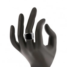 Silver ring 925, black glazed square, cut-out shank