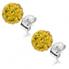 Shamballa earrings, steel stud, ball, shimmering yellow zircons, 8 mm