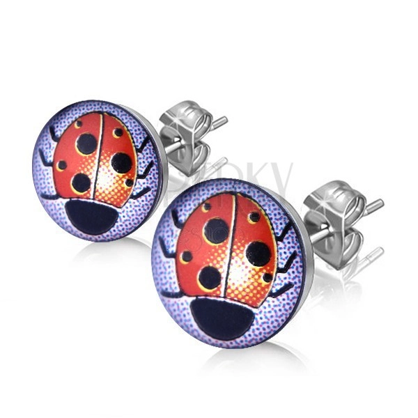 Stud earrings made of steel, silver colour, clear glaze, ladybird