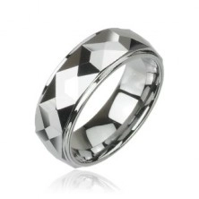 Tungsten ring with cut angular plates, high gloss, 8 mm