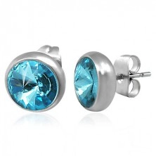 Earrings made of steel, silver colour, stud, blue ground zircon, 8 mm