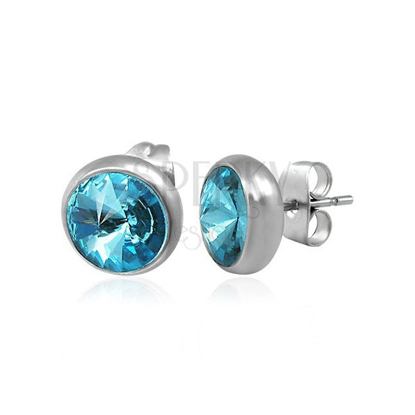 Earrings made of steel, silver colour, stud, blue ground zircon, 8 mm