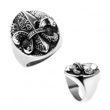 Ring made of steel, Fleur de Lis in oval, silver colour, patina