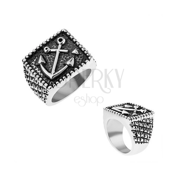 Ring made of surgical steel, ship anchor in rectangle, engraved arms