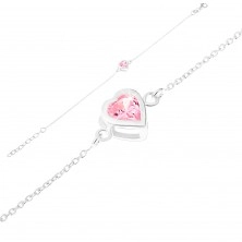 Adjustable 925 silver bracelet, ground pink zircon - heart, silver edge