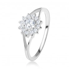 Engagement ring made of 925 silver, clear zircon flower, forked arms