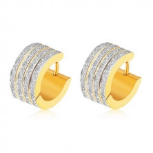 Steel earrings of gold and silver colour, vertical stripes with grooved surface