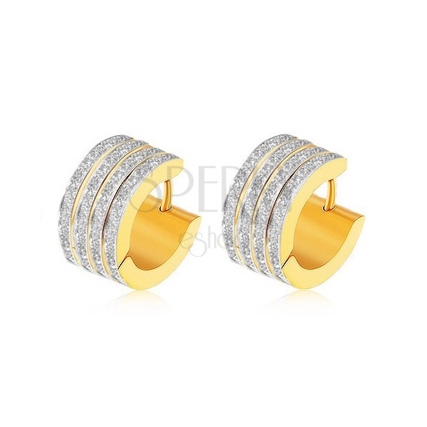 Steel earrings of gold and silver colour, vertical stripes with grooved surface