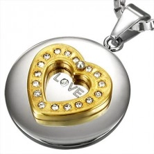 Stainless steel pendant - golden heart with zircons