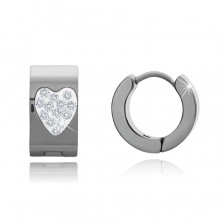 Steel earrings with heart-shaped cutout inlaid with clear zircons