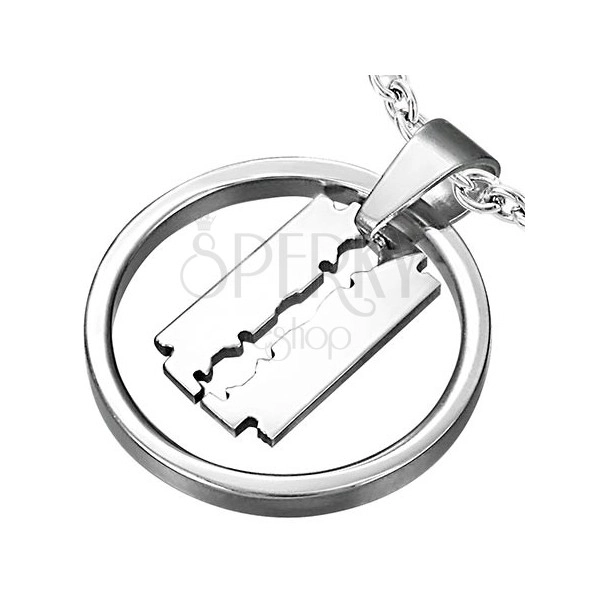 Razor blade in circle pendant