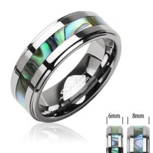 Tungsten ring in silver colour, middle strip with shell pattern