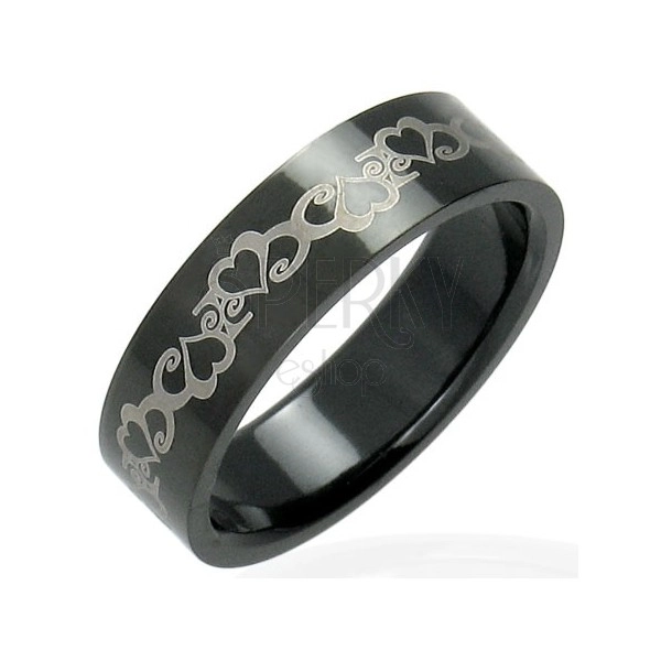 Black stainless steel ring with hearts