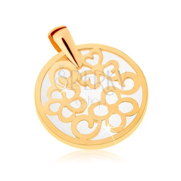 Pendant made of 9K gold - circle contour with ornaments, pearly background