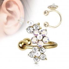 Fake piercing for ear, 316L steel ring, golden colour, zircon flowers