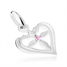 Shiny pendant, 925 silver, shimmering cross in heart contour, pink zircon