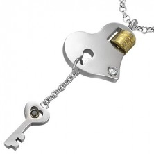 Stainless steel pendant - heart and key with zircons