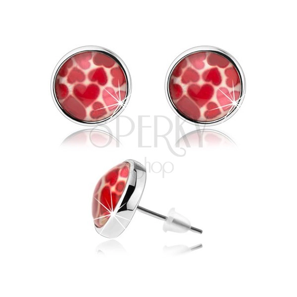 Cabochon earrings, clear glass, silver colour, motif of red hearts